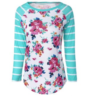 Fresh Stripe Floral Print Long Raglan Sleeve T-Shirt