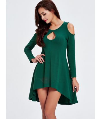 Off-the-Shoulder Long Sleeve High-Low Day Dress Green