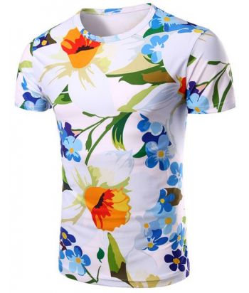 Round Neck Floral 3D Print Pattern Short Sleeve Men's T-Shirt