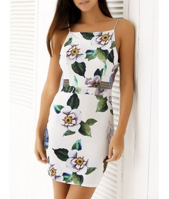 Spaghetti Strap Print Backless Bodycon Dress