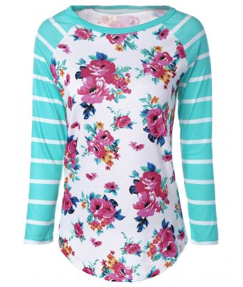 Fresh Stripe Floral Print Long Raglan Sleeve T-Shirt